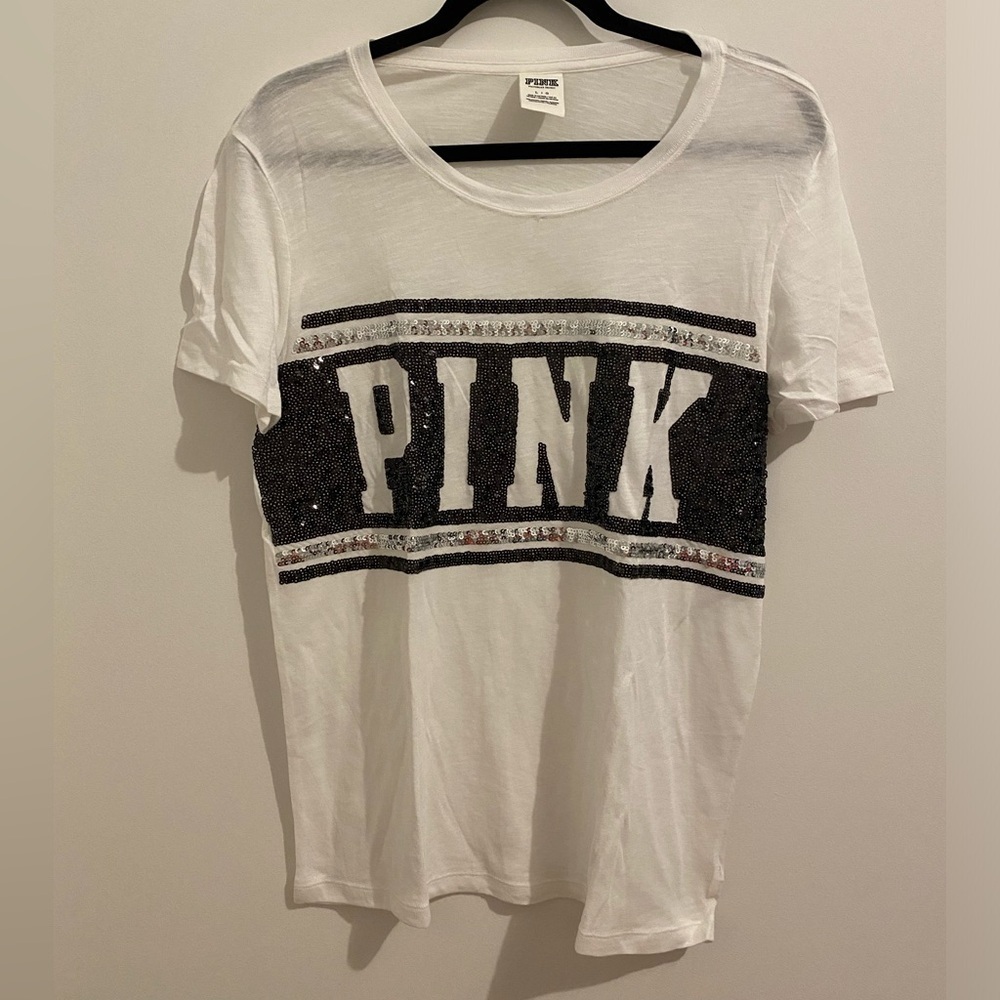 Victoria’s Secret Pink Black & White Sequin Logo T-Shirt Size L New W/O Tag